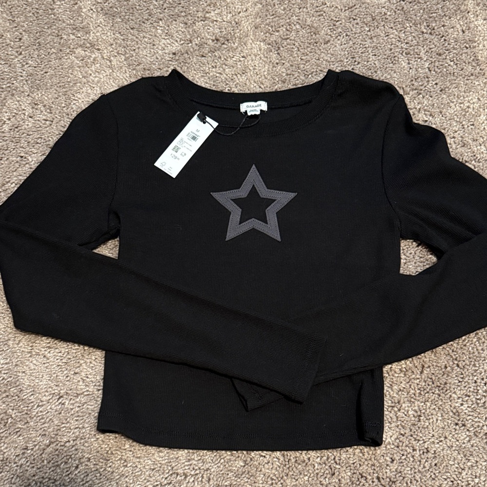 Garage Black Long Sleeve ribbed Top with Star Design